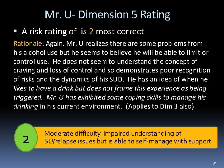 Mr. U- Dimension 5 Rating A risk rating of is 2 most correct Rationale: