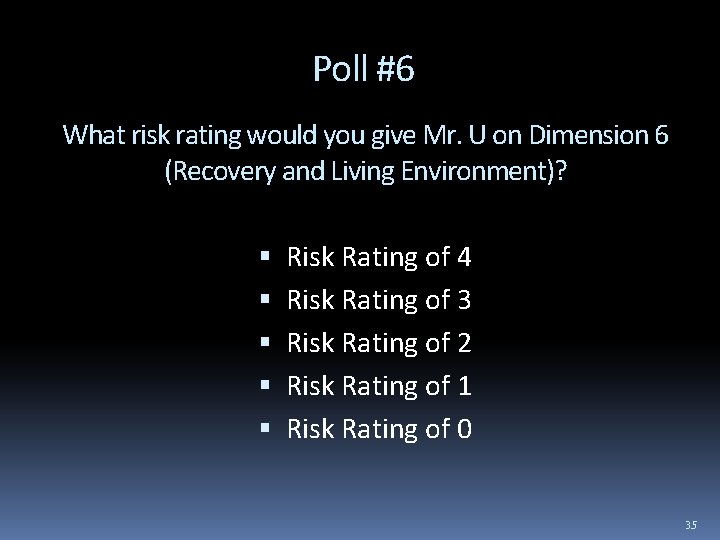 Poll #6 What risk rating would you give Mr. U on Dimension 6 (Recovery