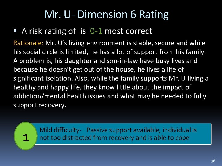 Mr. U- Dimension 6 Rating A risk rating of is 0 -1 most correct