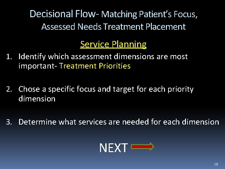 Decisional Flow- Matching Patient’s Focus, Assessed Needs Treatment Placement Service Planning 1. Identify which