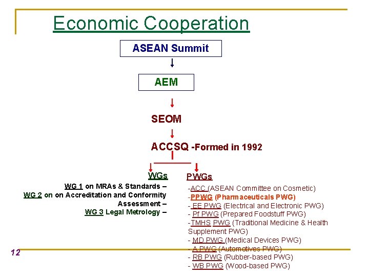 Economic Cooperation ASEAN Summit AEM SEOM ACCSQ -Formed in 1992 WGs WG 1 on