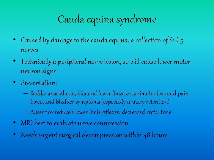 Cauda equina syndrome • Caused by damage to the cauda equina, a collection of