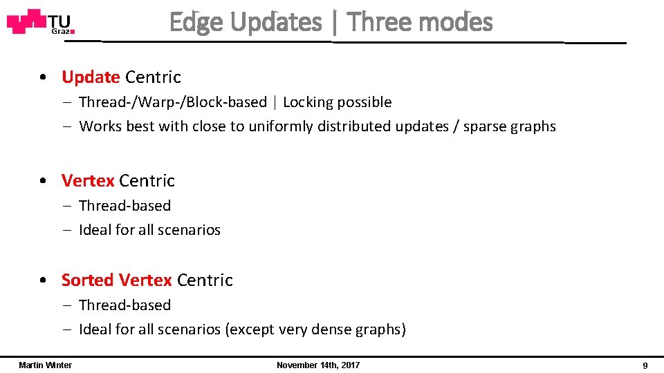 Edge Updates | Three modes • Update Centric – Thread-/Warp-/Block-based | Locking possible –