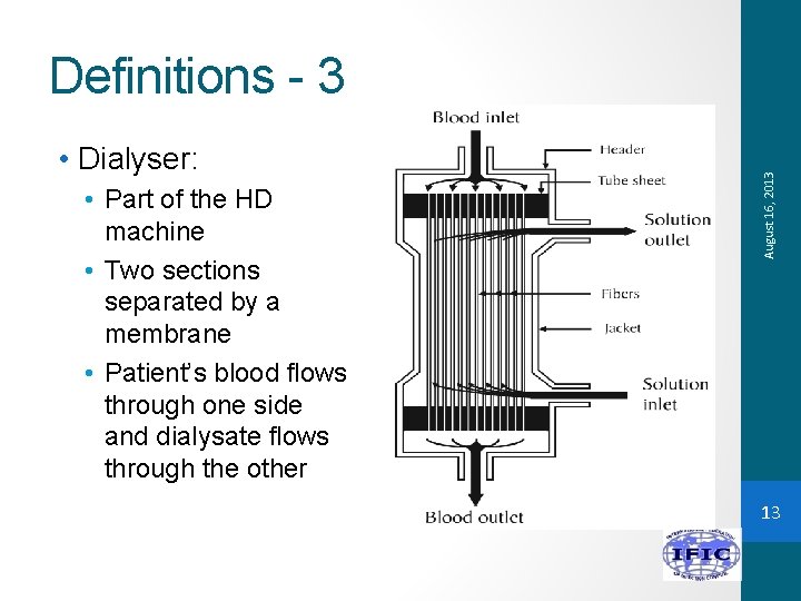  • Dialyser: • Part of the HD machine • Two sections separated by