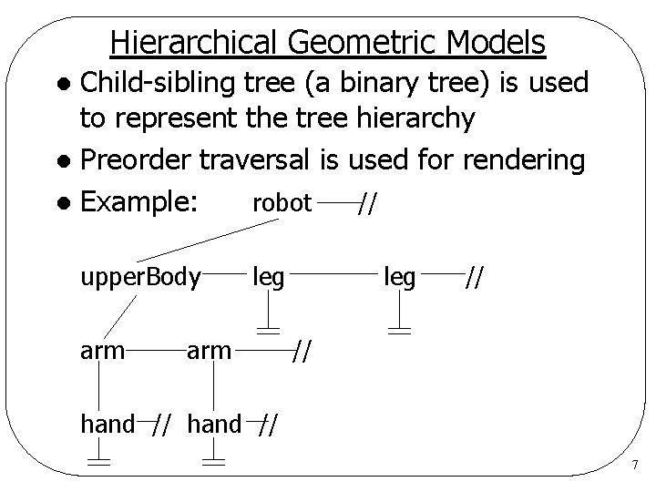 Hierarchical Geometric Models Child-sibling tree (a binary tree) is used to represent the tree