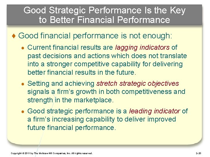 Good Strategic Performance Is the Key to Better Financial Performance ♦ Good financial performance