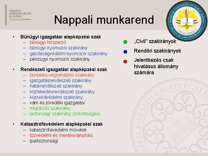 Nappali munkarend • Bűnügyi igazgatási alapképzési szak – bűnügyi hírszerző – bűnügyi nyomozói szakirány