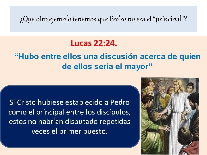 ¿Qué otro ejemplo tenemos que Pedro no era el “principal”? Lucas 22: 24. “Hubo