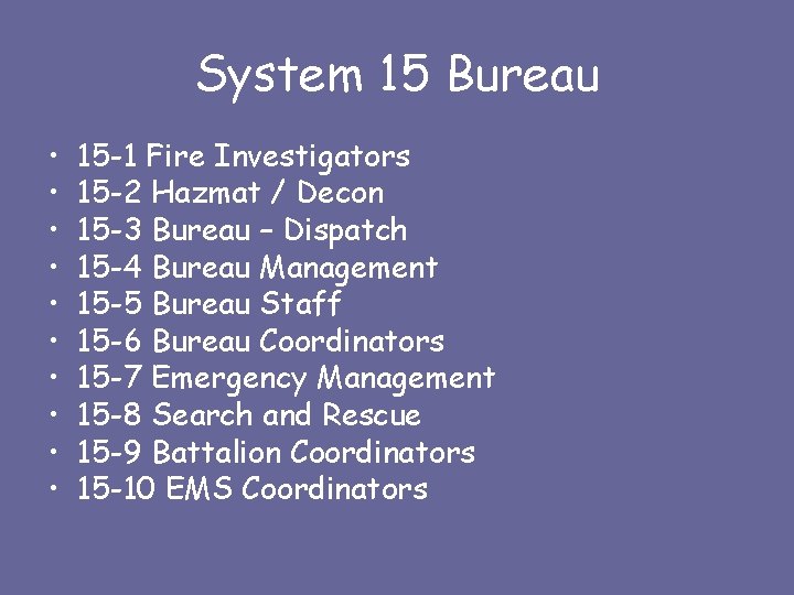 System 15 Bureau • • • 15 -1 Fire Investigators 15 -2 Hazmat /