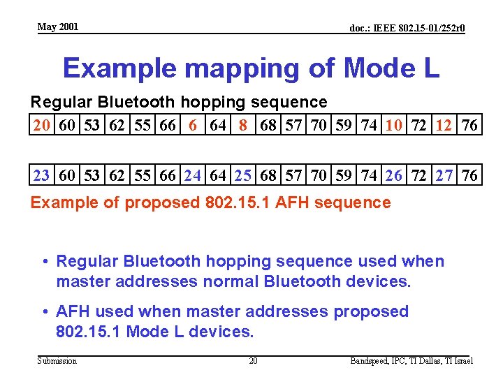 May 2001 doc. : IEEE 802. 15 -01/252 r 0 Example mapping of Mode