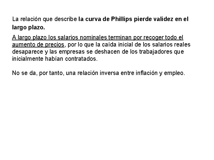 La relación que describe la curva de Phillips pierde validez en el largo plazo. La relación que describe la curva de Phillips pierde validez en el largo plazo.