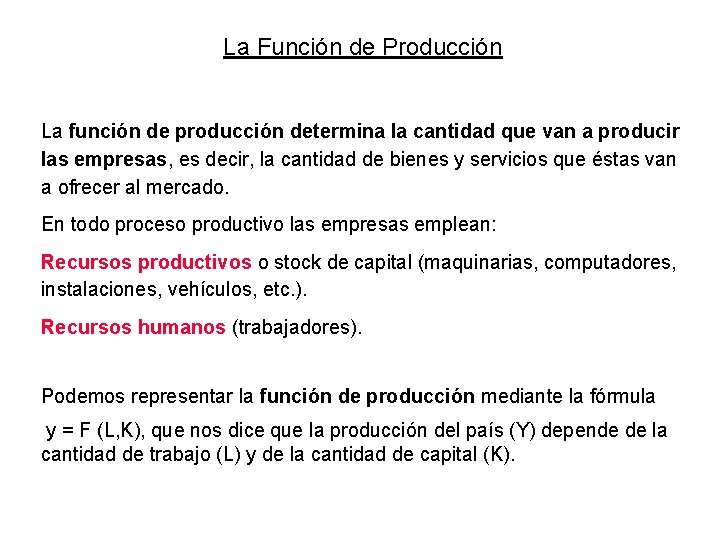 La Función de Producción La función de producción determina la cantidad que van a La Función de Producción La función de producción determina la cantidad que van a
