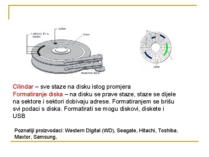 Cilindar – sve staze na disku istog promjera Formatiranje diska – na disku se