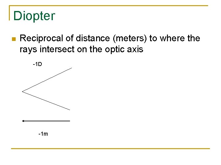 Diopter n Reciprocal of distance (meters) to where the rays intersect on the optic