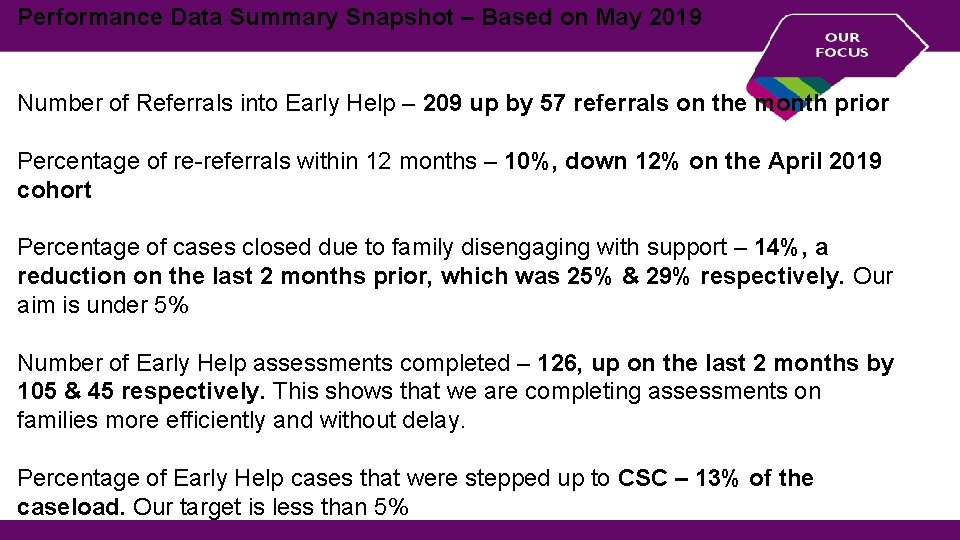 Performance Data Summary Snapshot – Based on May 2019 Number of Referrals into Early
