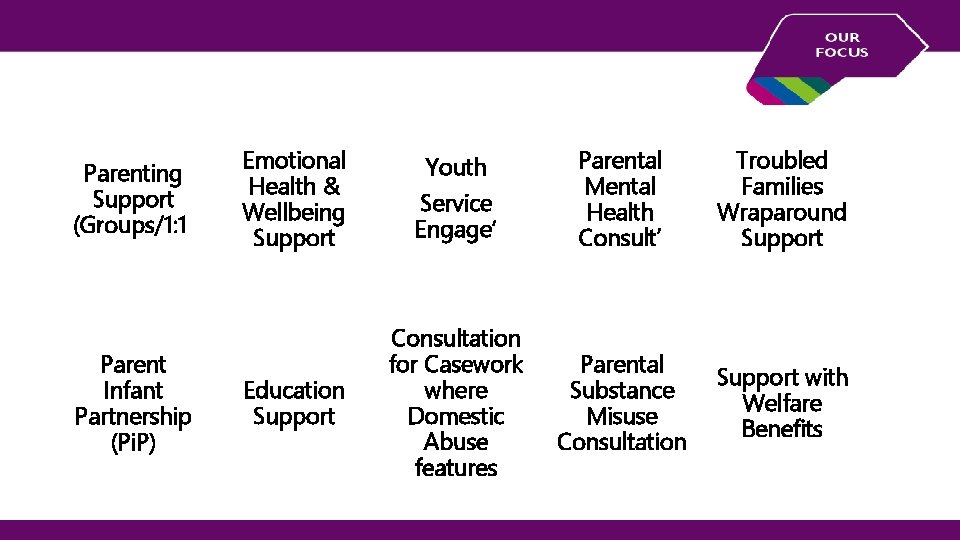 Parenting Support (Groups/1: 1) Parent Infant Partnership (Pi. P) Emotional Health & Wellbeing Support