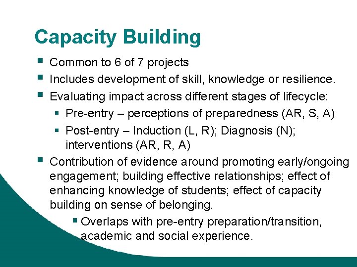 Capacity Building § § Common to 6 of 7 projects Includes development of skill,