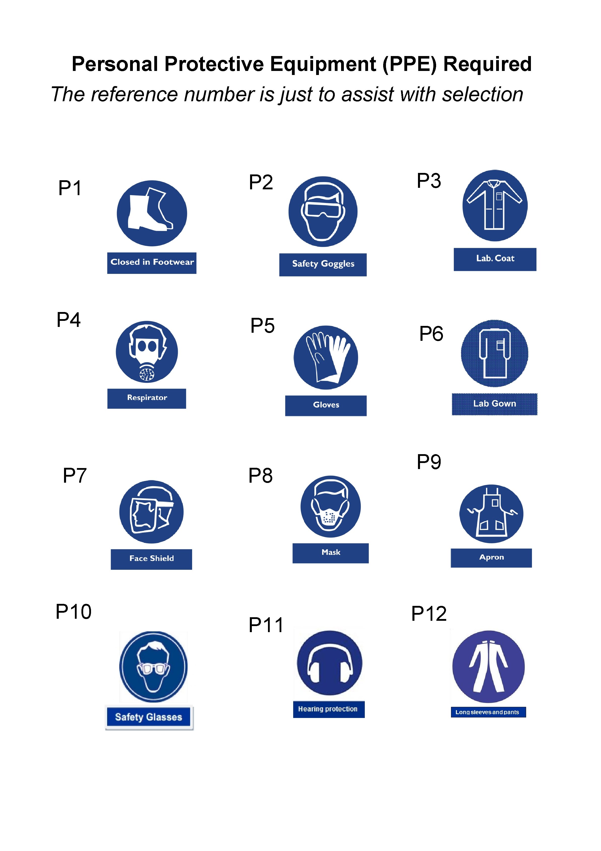 Personal Protective Equipment (PPE) Required The reference number is just to assist with selection