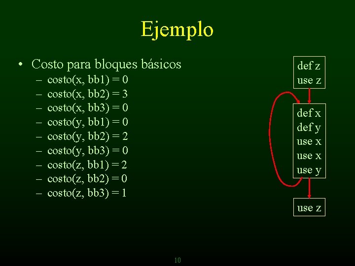 Ejemplo • Costo para bloques básicos – – – – – costo(x, bb 1)