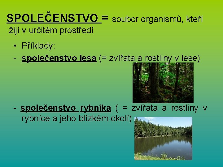 SPOLEČENSTVO = soubor organismů, kteří žijí v určitém prostředí • Příklady: - společenstvo lesa
