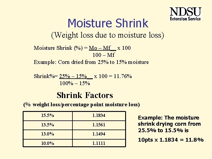 Moisture Shrink (Weight loss due to moisture loss) Moisture Shrink (%) = Mo – Moisture Shrink (Weight loss due to moisture loss) Moisture Shrink (%) = Mo –