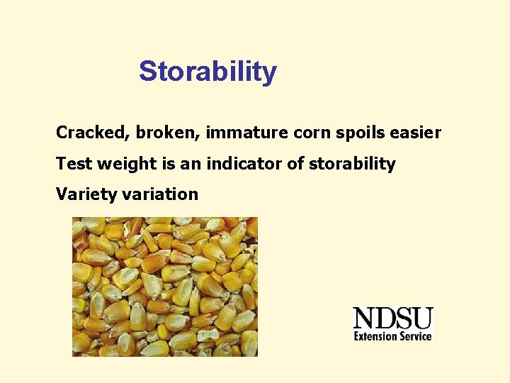 Storability Cracked, broken, immature corn spoils easier Test weight is an indicator of storability Storability Cracked, broken, immature corn spoils easier Test weight is an indicator of storability