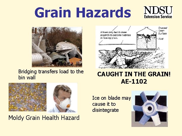 Grain Hazards Bridging transfers load to the bin wall CAUGHT IN THE GRAIN! AE-1102 Grain Hazards Bridging transfers load to the bin wall CAUGHT IN THE GRAIN! AE-1102