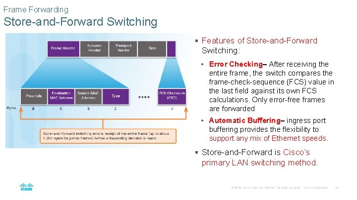 Frame Forwarding Store-and-Forward Switching § Features of Store-and-Forward Switching: • Error Checking– After receiving