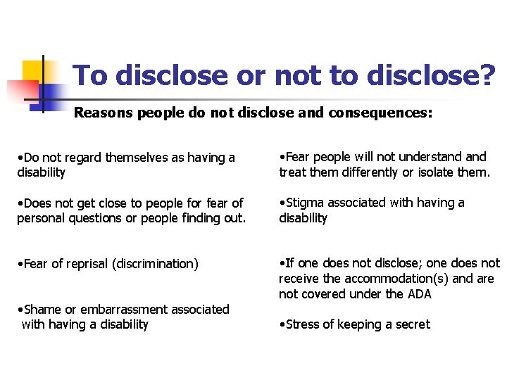 To disclose or not to disclose? Reasons people do not disclose and consequences: •