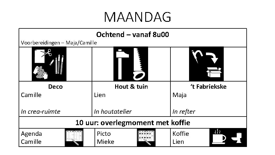 MAANDAG Ochtend – vanaf 8 u 00 Voorbereidingen – Maja/Camille Deco In crea-ruimte Lien