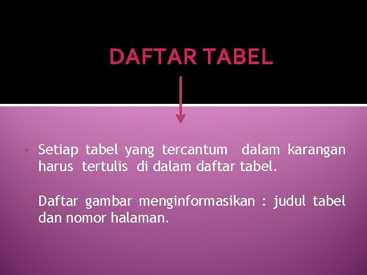DAFTAR TABEL • Setiap tabel yang tercantum dalam karangan harus tertulis di dalam daftar