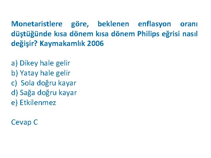 Monetaristlere göre, beklenen enflasyon oranı düştüğünde kısa dönem Philips eğrisi nasıl değişir? Kaymakamlık 2006