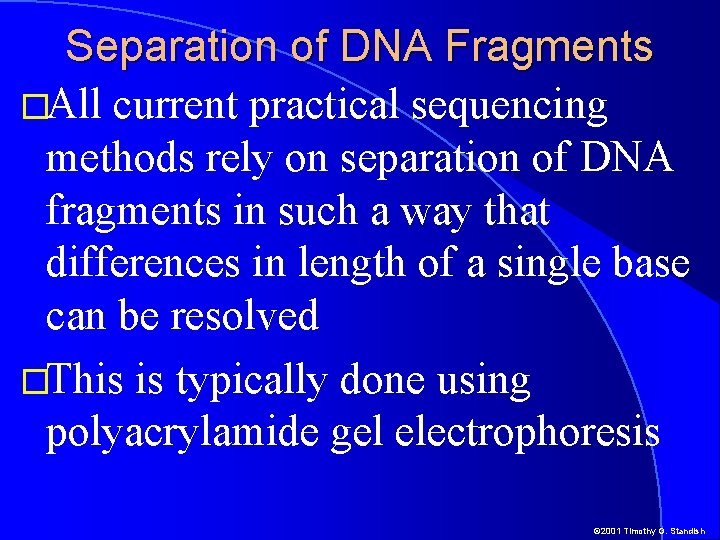 Separation of DNA Fragments �All current practical sequencing methods rely on separation of DNA