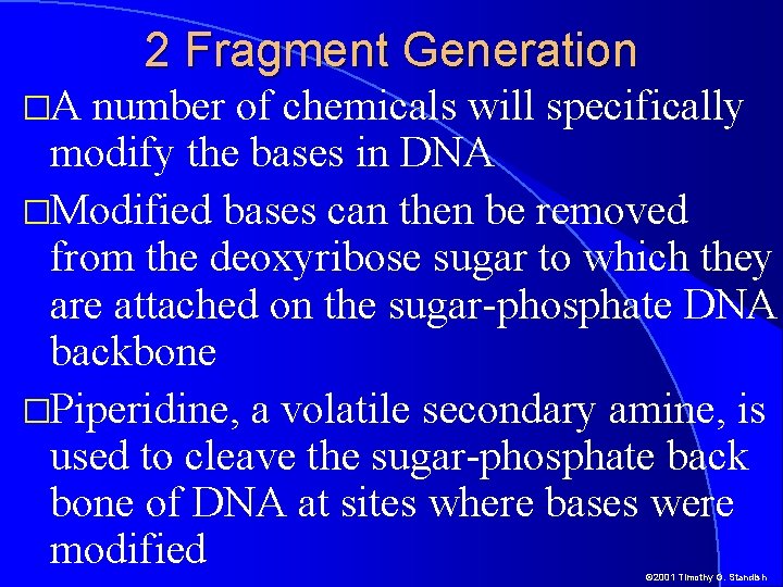 2 Fragment Generation �A number of chemicals will specifically modify the bases in DNA