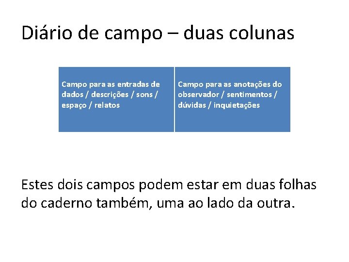 Diário de campo – duas colunas Campo para as entradas de dados / descrições