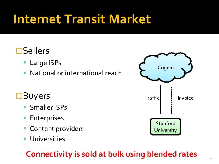 Internet Transit Market �Sellers Large ISPs National or international reach �Buyers Cogent Traffic Invoice