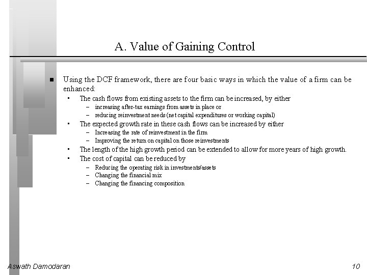 A. Value of Gaining Control Using the DCF framework, there are four basic ways