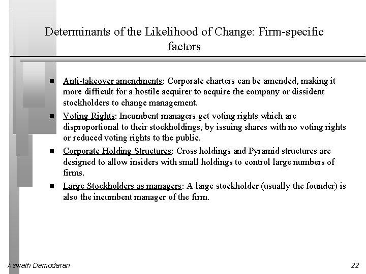 Determinants of the Likelihood of Change: Firm-specific factors Anti-takeover amendments: Corporate charters can be