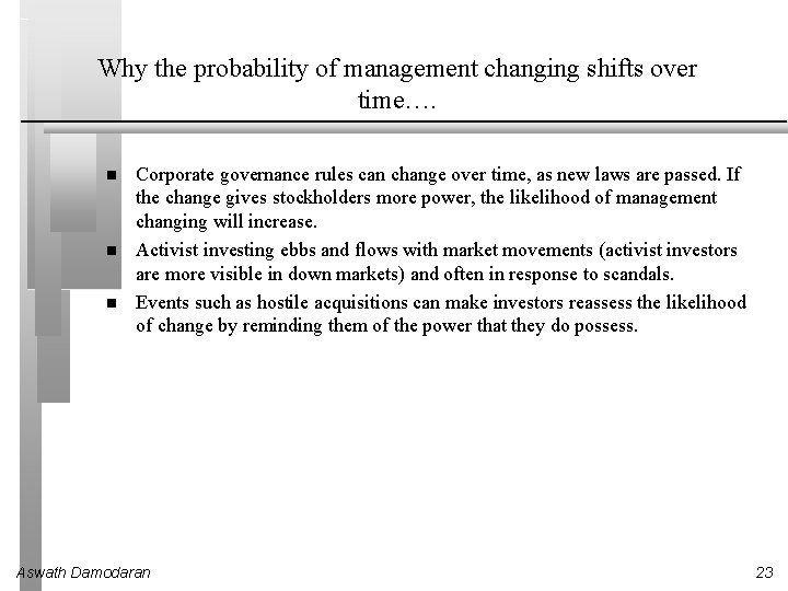 Why the probability of management changing shifts over time…. Corporate governance rules can change