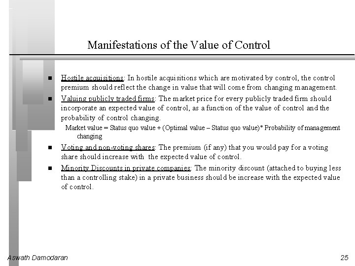 Manifestations of the Value of Control Hostile acquisitions: In hostile acquisitions which are motivated