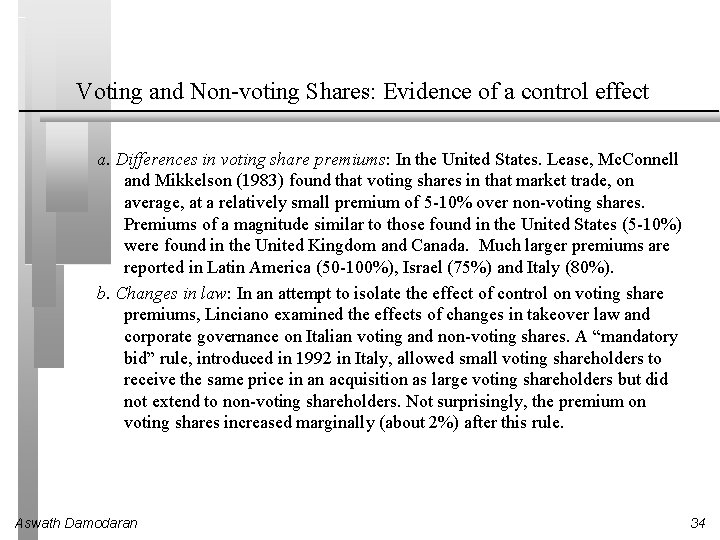 Voting and Non-voting Shares: Evidence of a control effect a. Differences in voting share