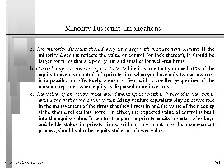 Minority Discount: Implications a. The minority discount should vary inversely with management quality: If
