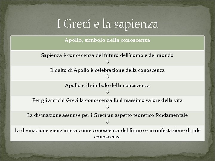 I Greci e la sapienza Apollo, simbolo della conoscenza Sapienza è conoscenza del futuro