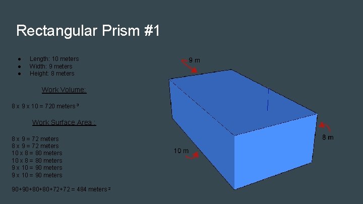 Rectangular Prism #1 ● ● ● Length: 10 meters Width: 9 meters Height: 8