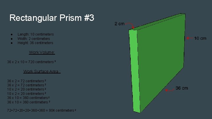 Rectangular Prism #3 ● ● ● Length: 10 centimeters Width: 2 centimeters Height: 36
