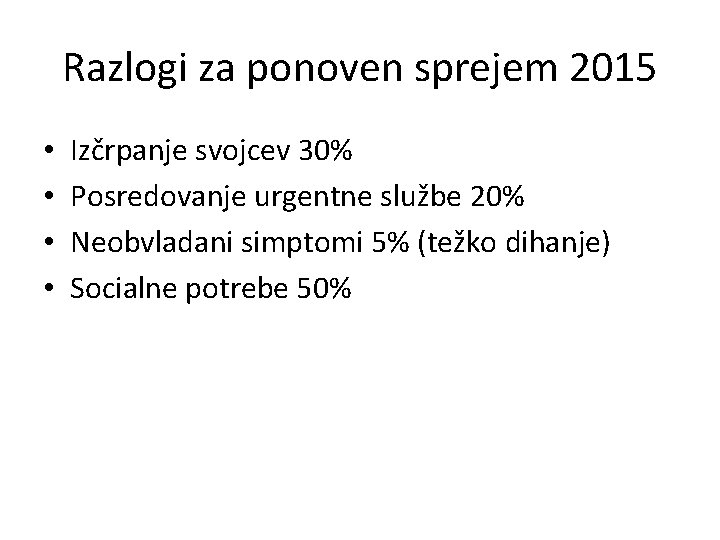 Razlogi za ponoven sprejem 2015 • • Izčrpanje svojcev 30% Posredovanje urgentne službe 20%