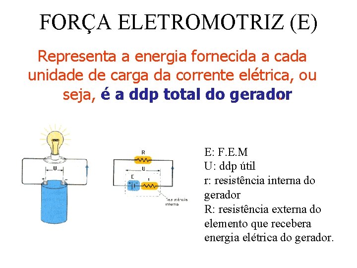 FORÇA ELETROMOTRIZ (E) Representa a energia fornecida a cada unidade de carga da corrente