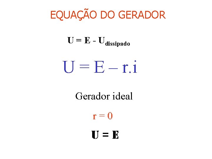 EQUAÇÃO DO GERADOR U = E - Udissipado U = E – r. i