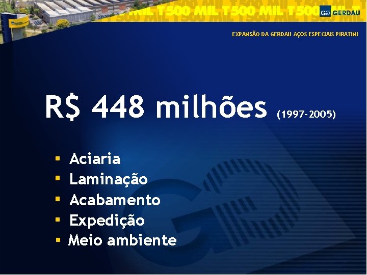 EXPANSÃO DA GERDAU AÇOS ESPECIAIS PIRATINI R$ 448 milhões Aciaria Laminação Acabamento Expedição Meio