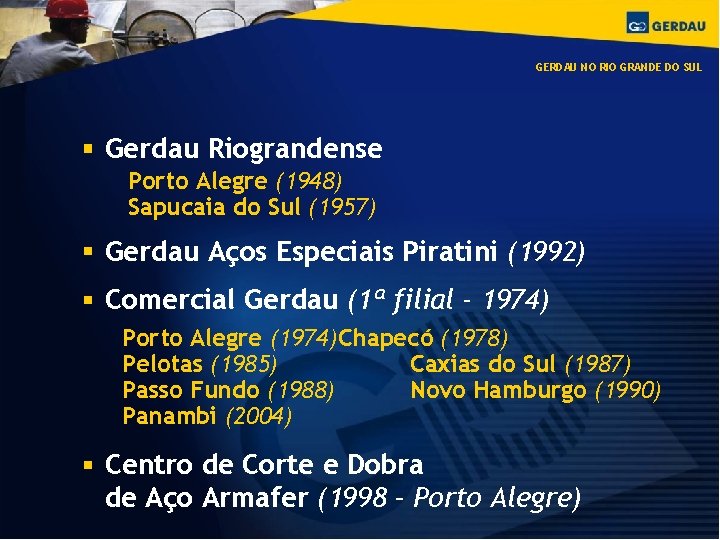 GERDAU NO RIO GRANDE DO SUL Gerdau Riograndense Porto Alegre (1948) Sapucaia do Sul